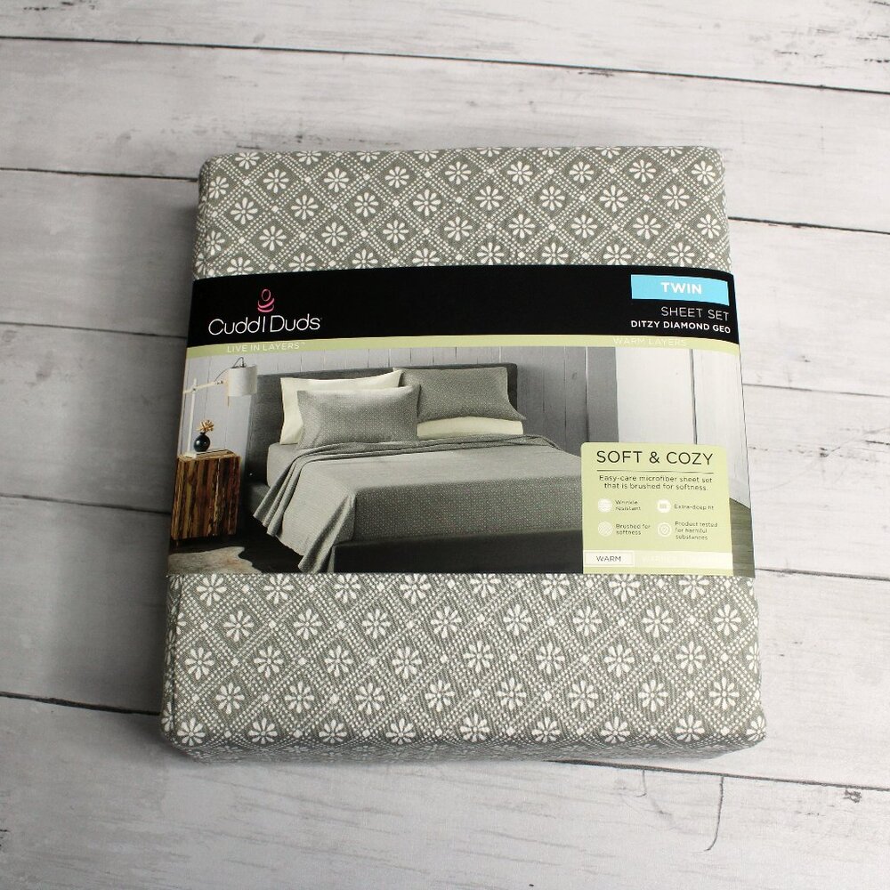 Cuddl Duds Sheet Set Twin Size Green White Floral